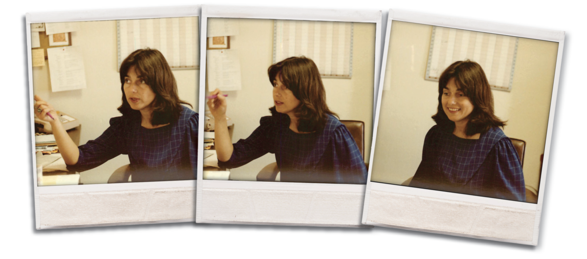 Three photos of Lois Phillips, each taken sequentially, in which she gestures with her hands.